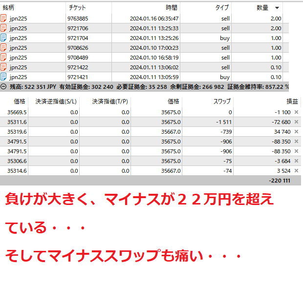 日経で損失がでている画像